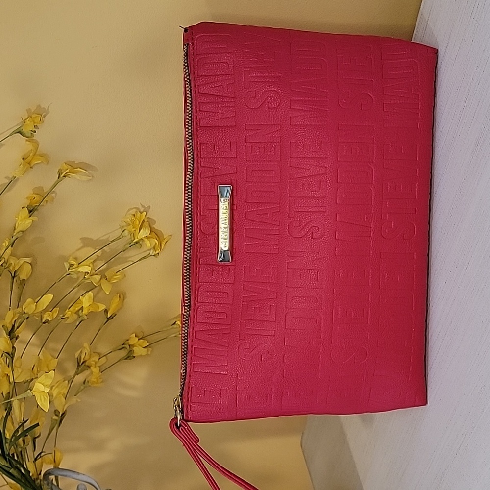 Steve Madden Monogram Clutch Purse Zip Large Wristlet Red Mauve Mustard - Picture 10 of 16